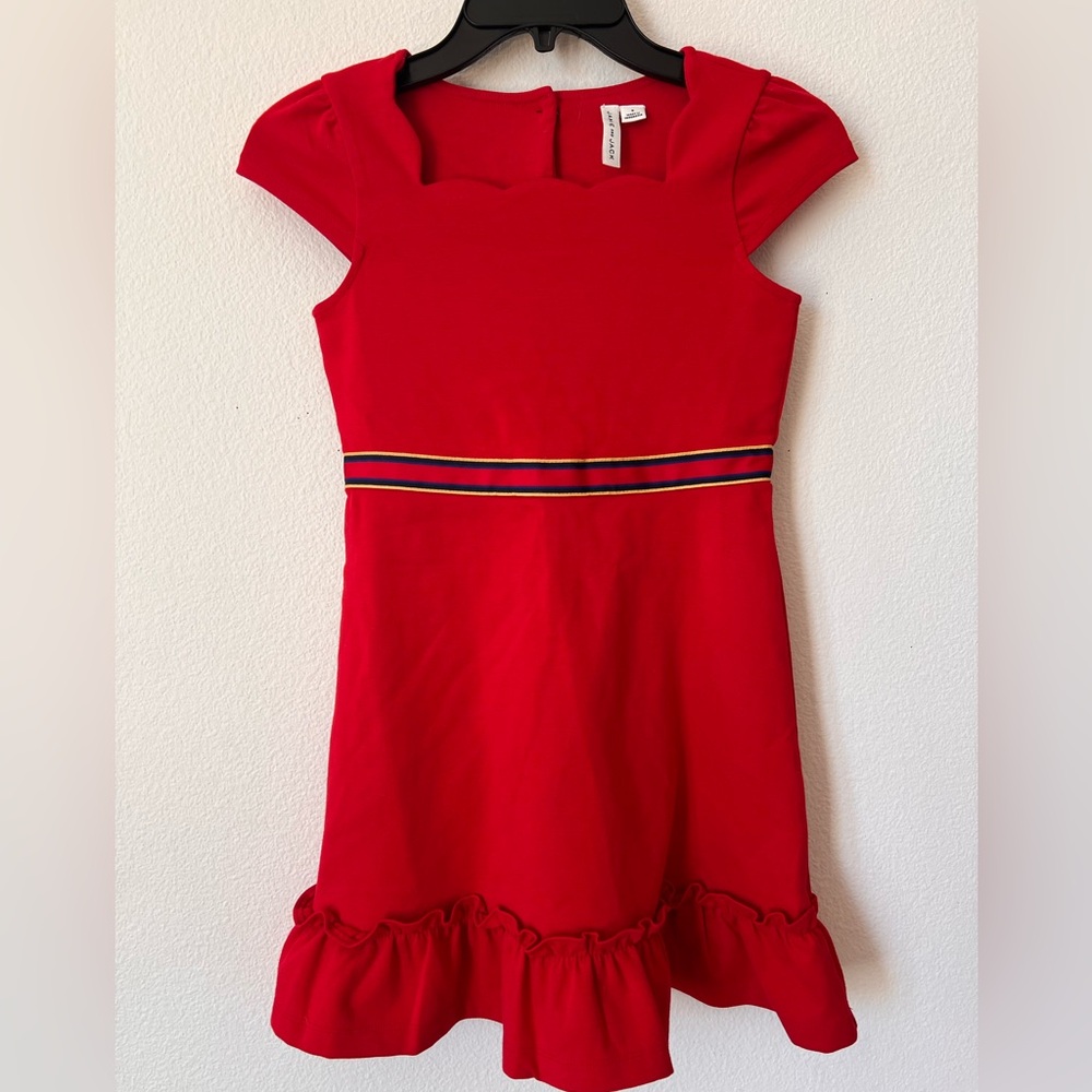 Janie and Jack Red Scalloped Neck Ponte Knit Dress with Striped Ribbon Waist 8